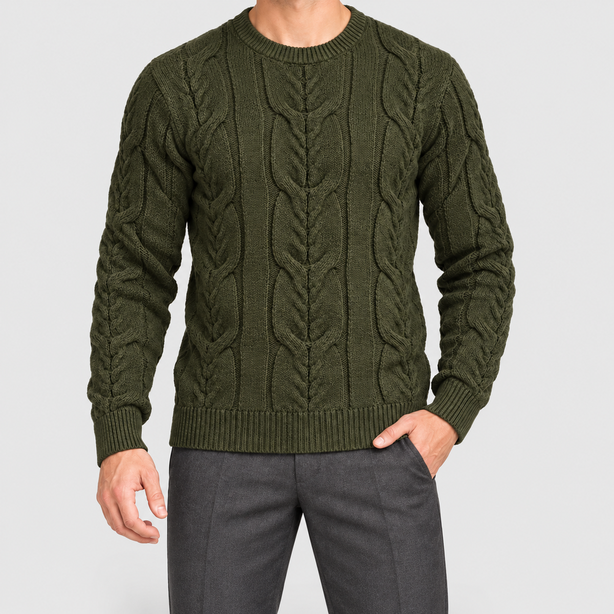Men's Cable-Knit Crew-Neck Jumper in Olive — view 8