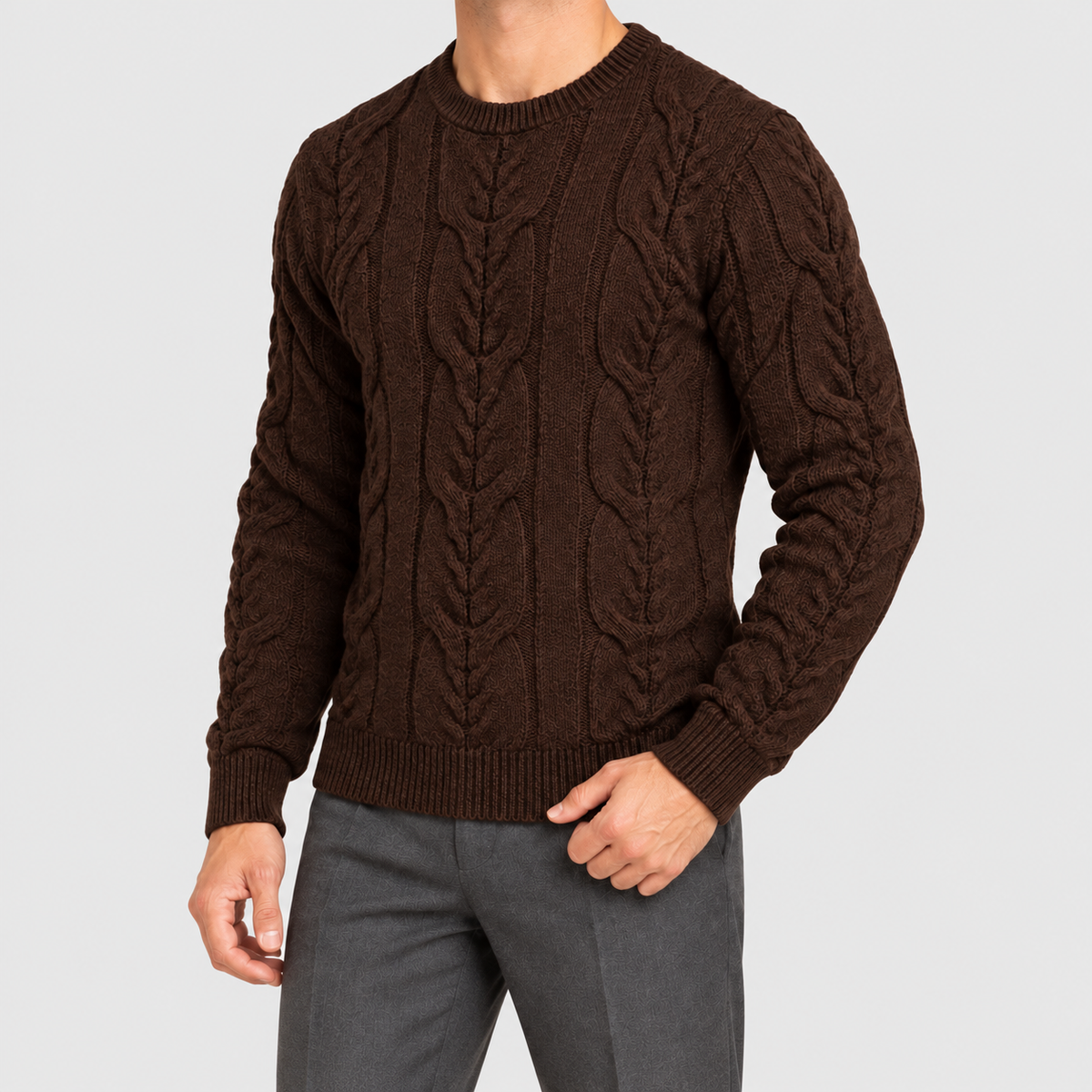 Men's Cable-Knit Crew-Neck Jumper in Brown — view 9