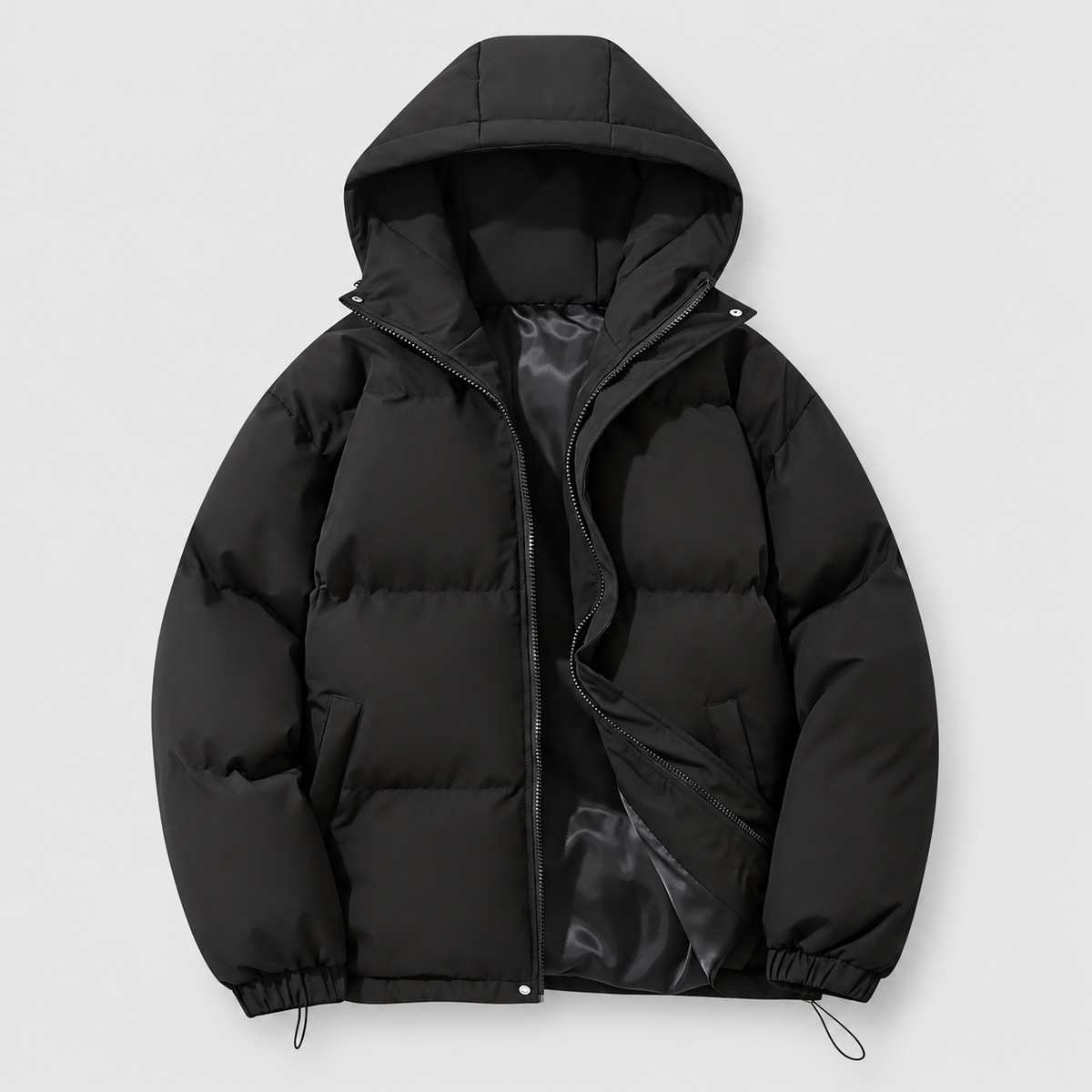 Women's Hooded Quilted Puffer Jacket with Zip Pockets in Black — view 4