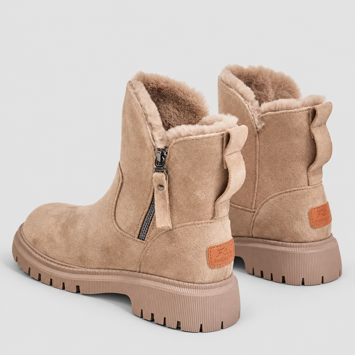 Women's Plush-Lined Zip-Up Ankle Boots in Beige — view 1