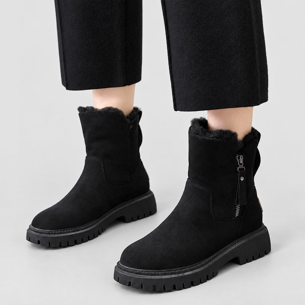 Women's Plush-Lined Zip-Up Ankle Boots in Black — view 6