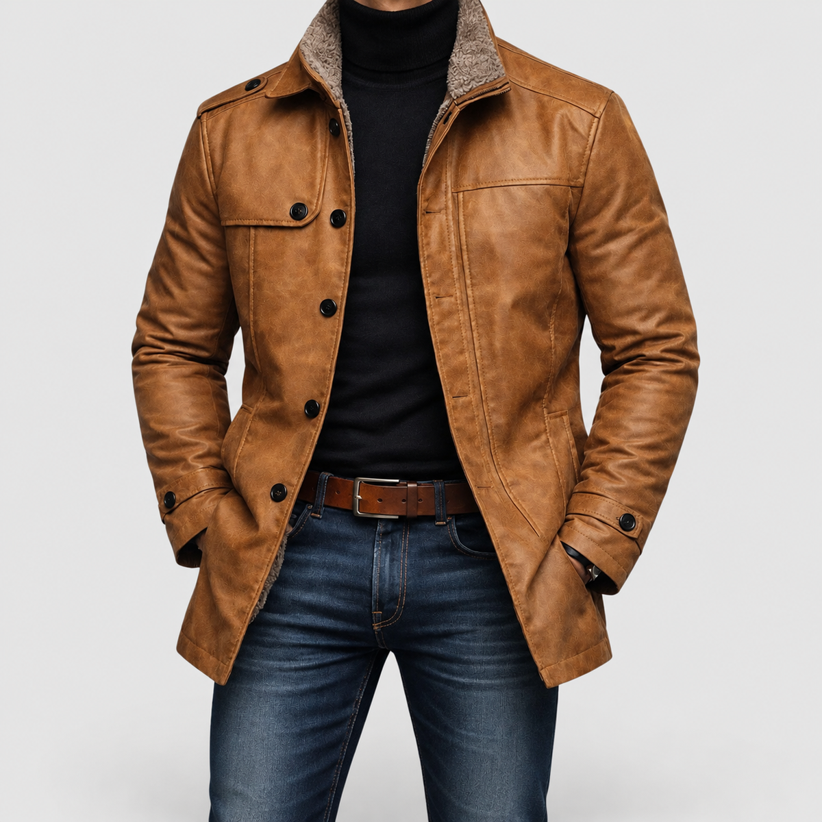 Men's Fleece-Lined Jacket with Flap Chest Pockets in Brown — view 5