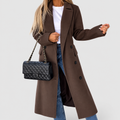 Women's Long Double-Button Coat with Lapel Collar in Dark Brown — view 1