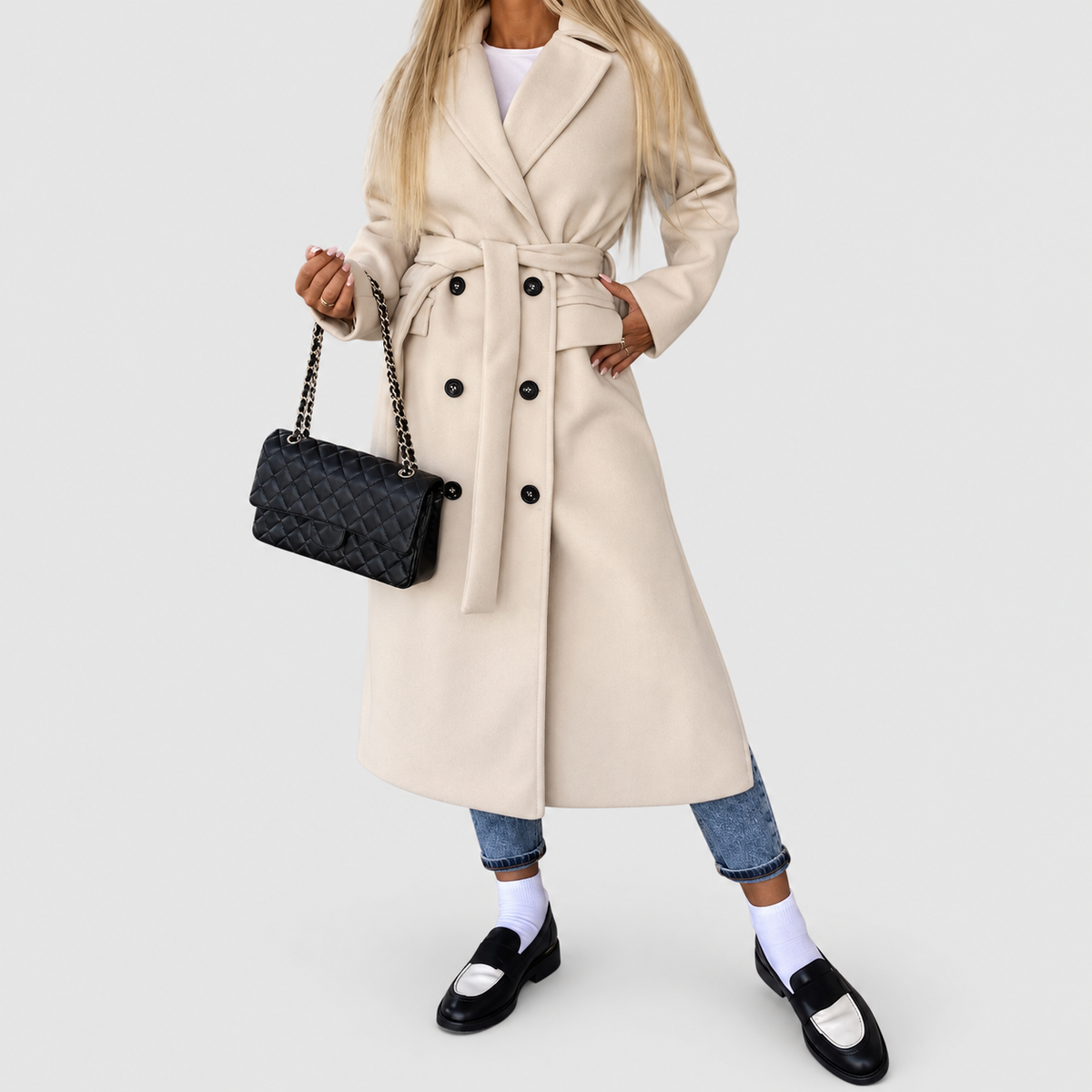 Women's Long Double-Button Coat with Lapel Collar in Khaki — view 2