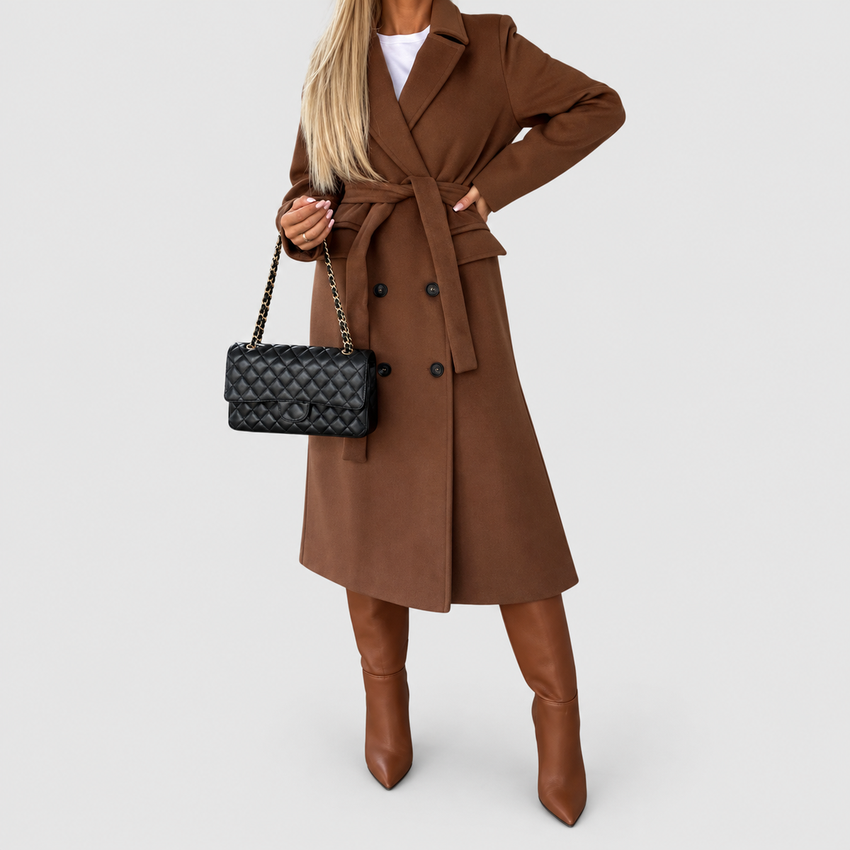 Women's Long Double-Button Coat with Lapel Collar in Brown — view 3