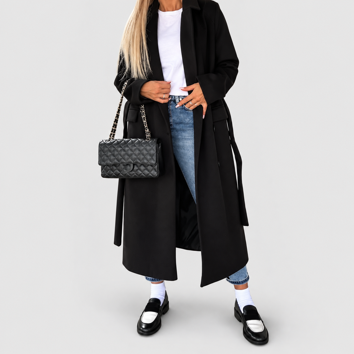 Women's Long Double-Button Coat with Lapel Collar in Black — view 4
