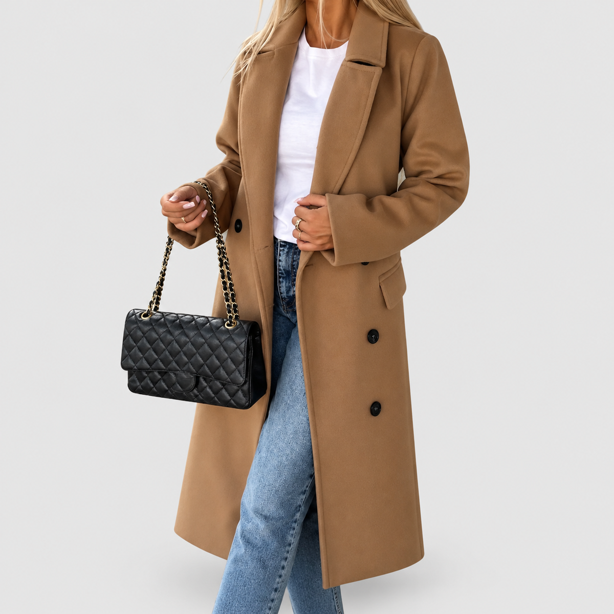 Women's Long Double-Button Coat with Lapel Collar in Light Brown — view 5