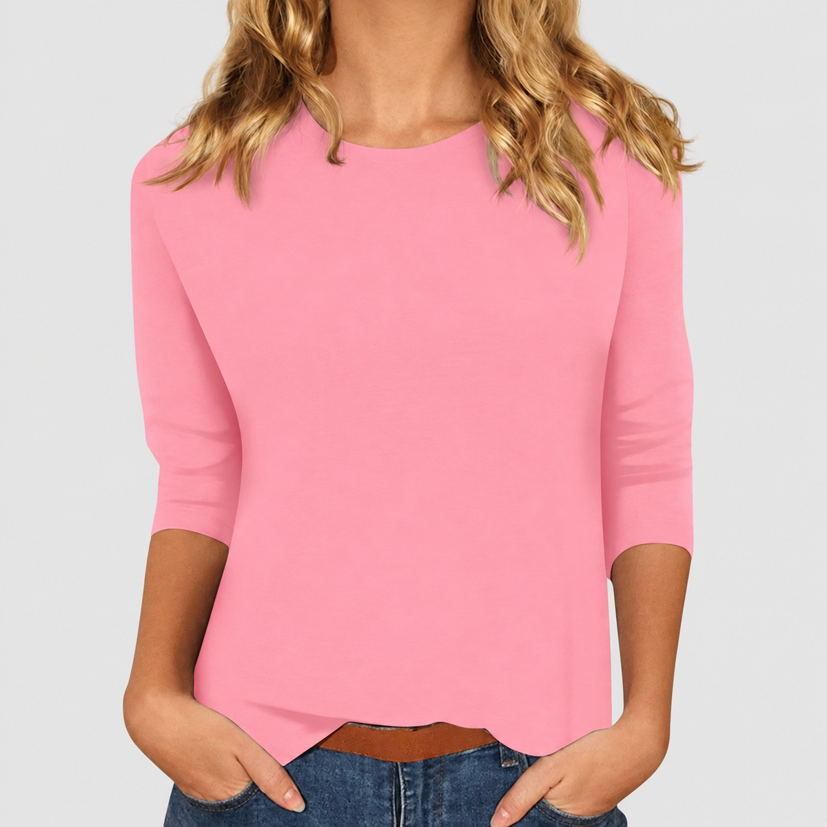 Women's Relaxed Round-Neck Three-Quarter Sleeve Top in Pink — view 1