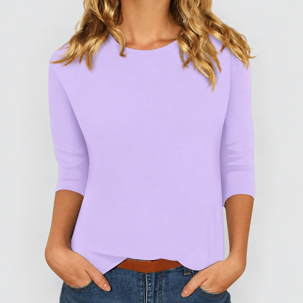 Women's Relaxed Round-Neck Three-Quarter Sleeve Top in Purple — view 3