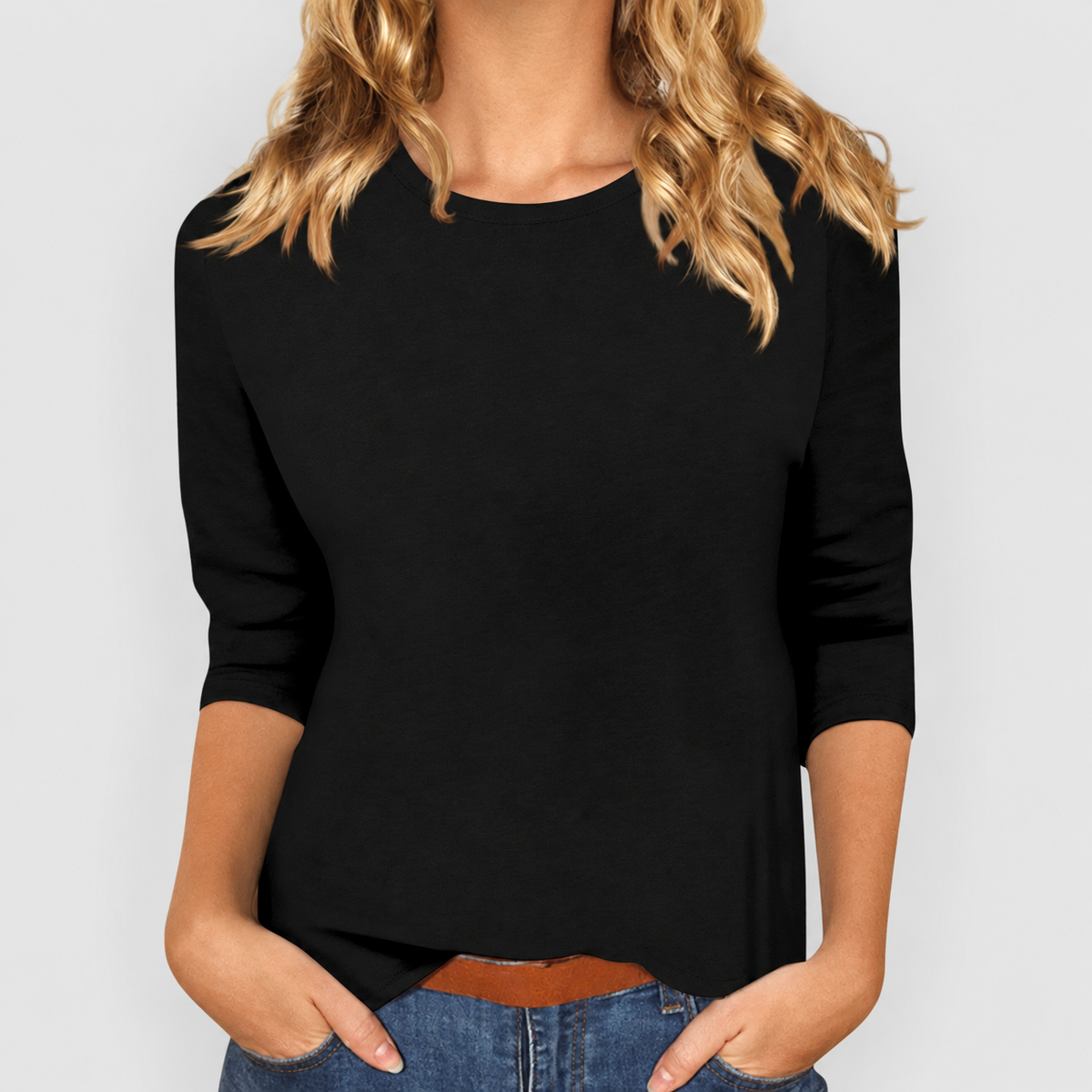 Women's Relaxed Round-Neck Three-Quarter Sleeve Top in Black — view 6