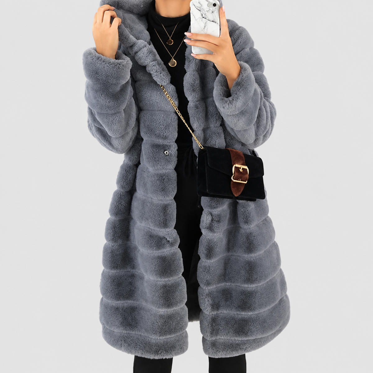 Women's Hooded Long Shaggy Faux Coat — view 1