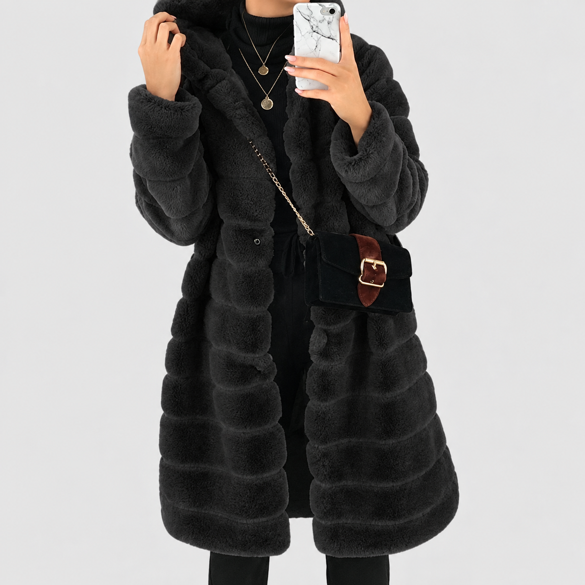 Women's Hooded Long Shaggy Faux Coat — view 2