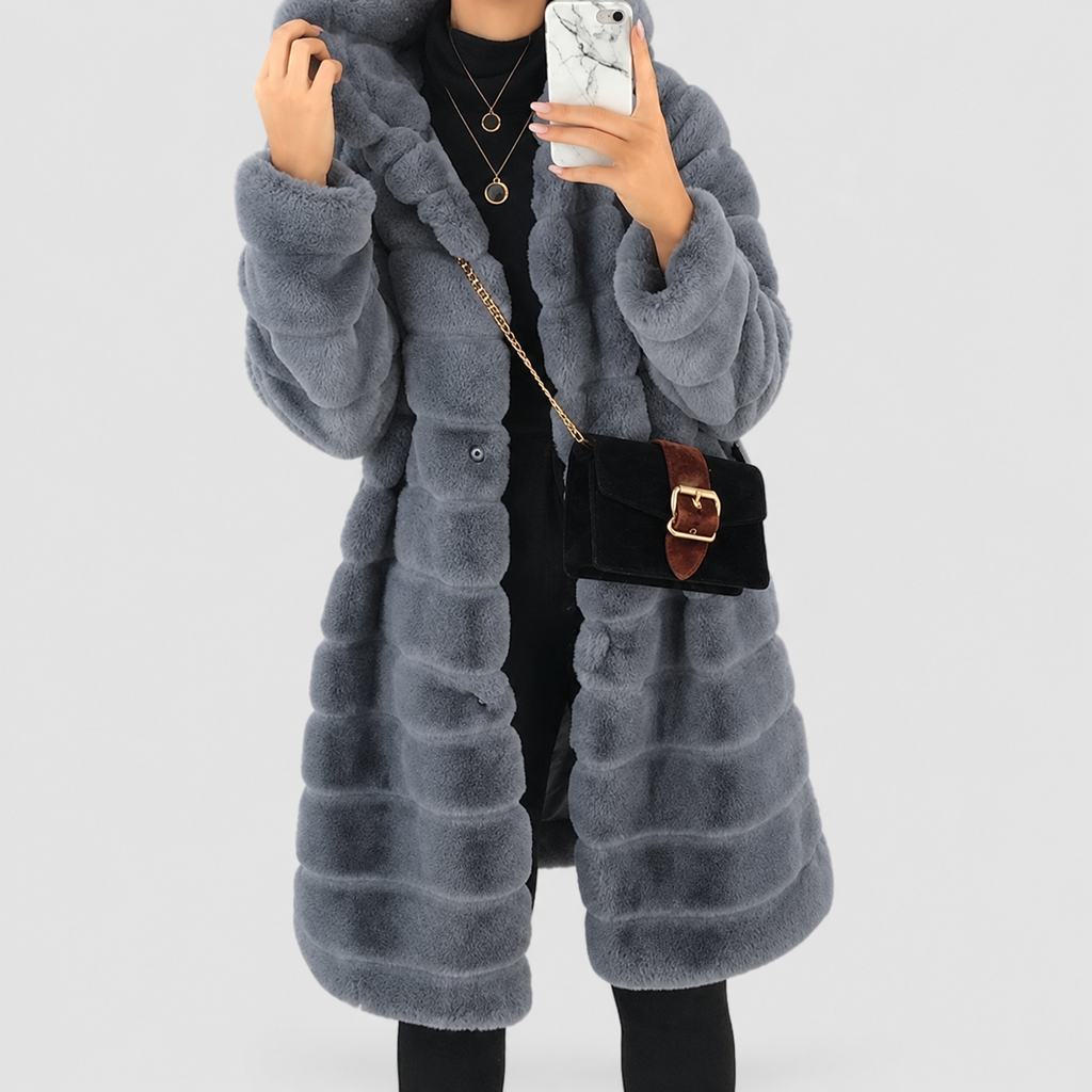Women's Hooded Long Shaggy Faux Coat in Grey — view 4