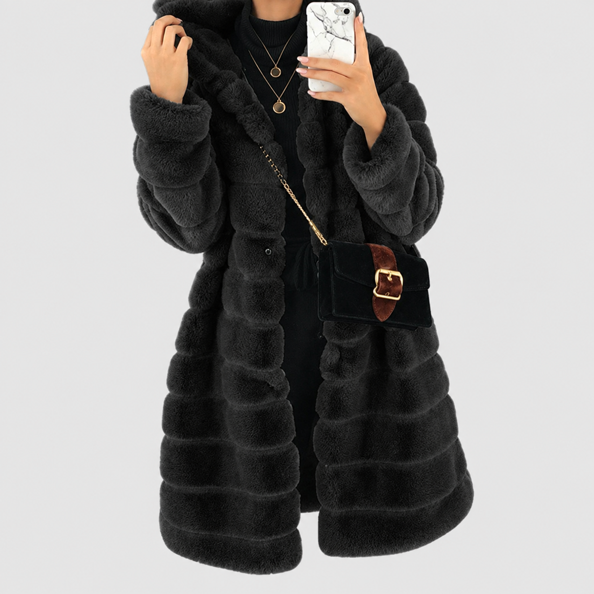 Women's Hooded Long Shaggy Faux Coat in Black — view 5