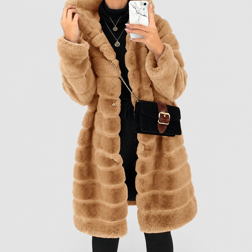Women's Hooded Long Shaggy Faux Coat in Brown — view 6
