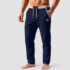 Men's Drawstring Straight-Leg Trousers with Striped Trim in Navy Blue — view 2