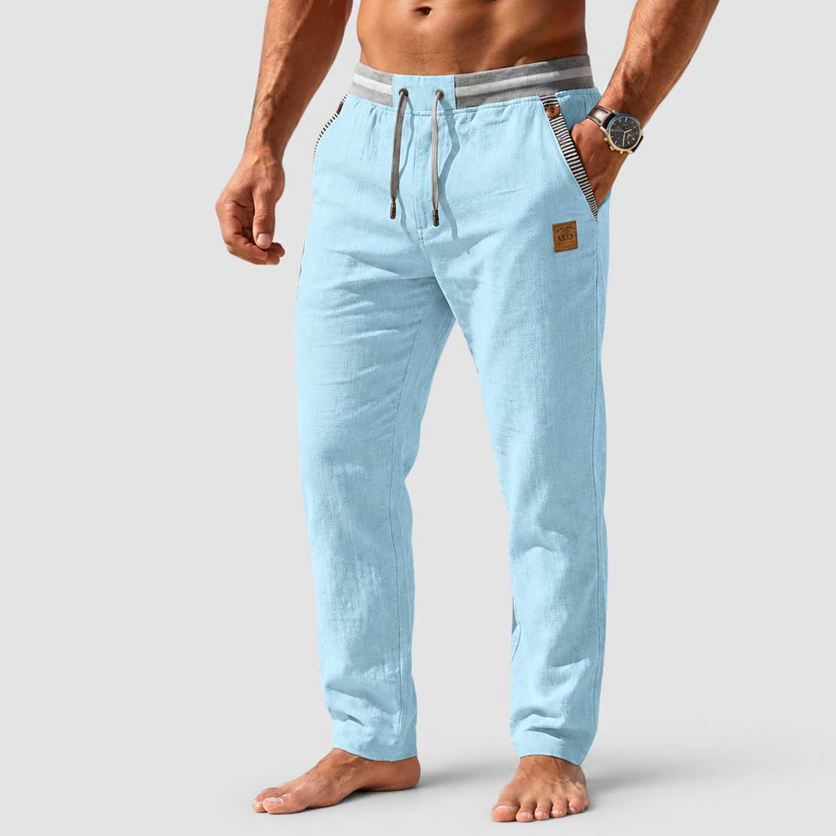 Men's Drawstring Straight-Leg Trousers with Striped Trim in Light Blue — view 3