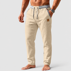 Men's Drawstring Straight-Leg Trousers with Striped Trim in Beige — view 4