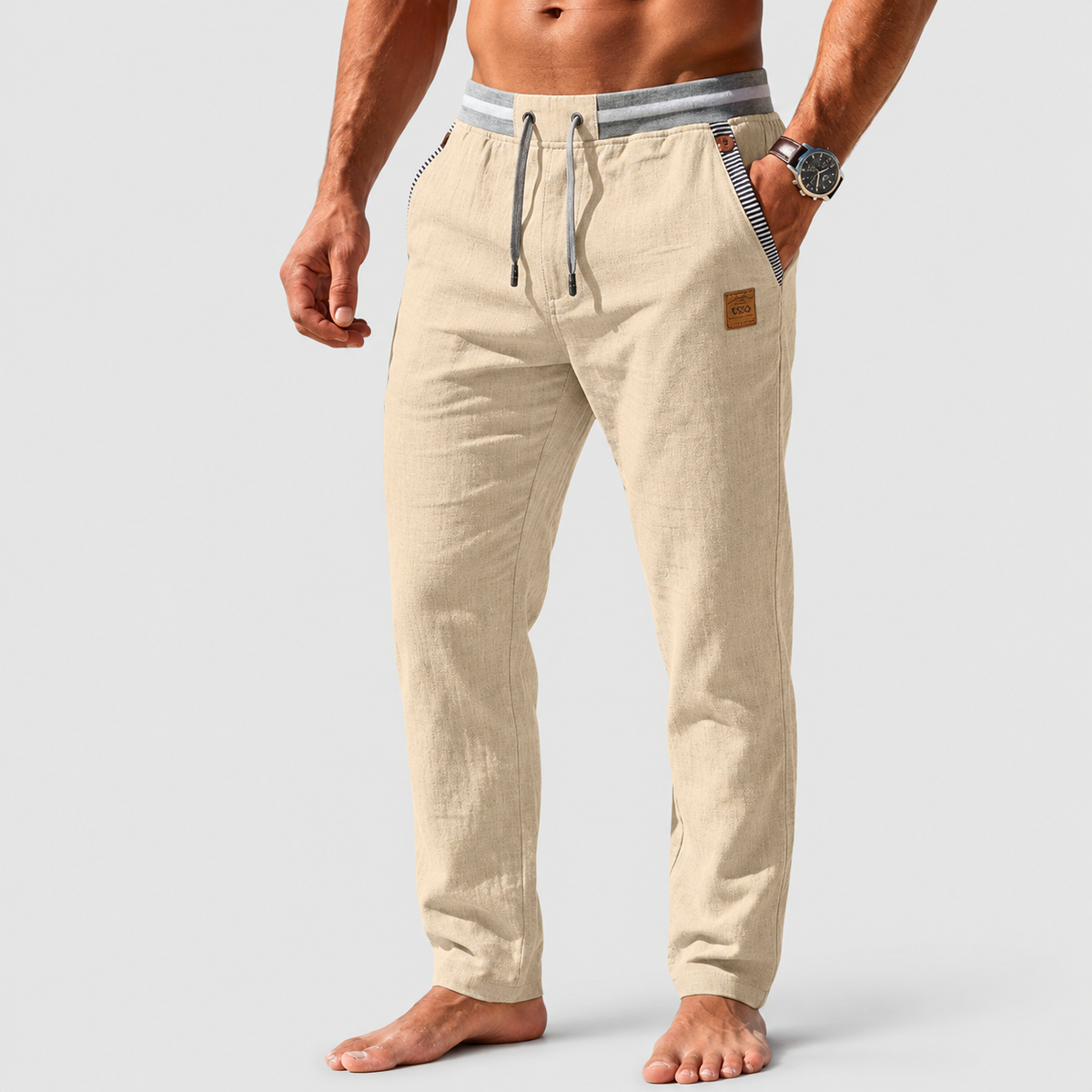Men's Drawstring Straight-Leg Trousers with Striped Trim in Beige — view 4