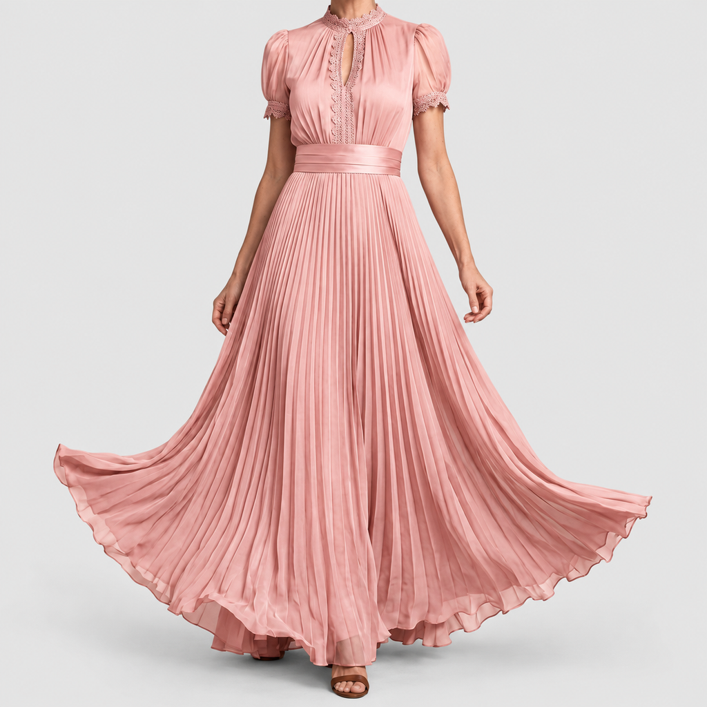 Women's Lace-Trim Pleated Maxi Occasion Dress in Blush Pink — view 1