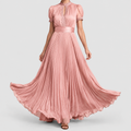 Women's Lace-Trim Pleated Maxi Occasion Dress in Blush Pink — view 1