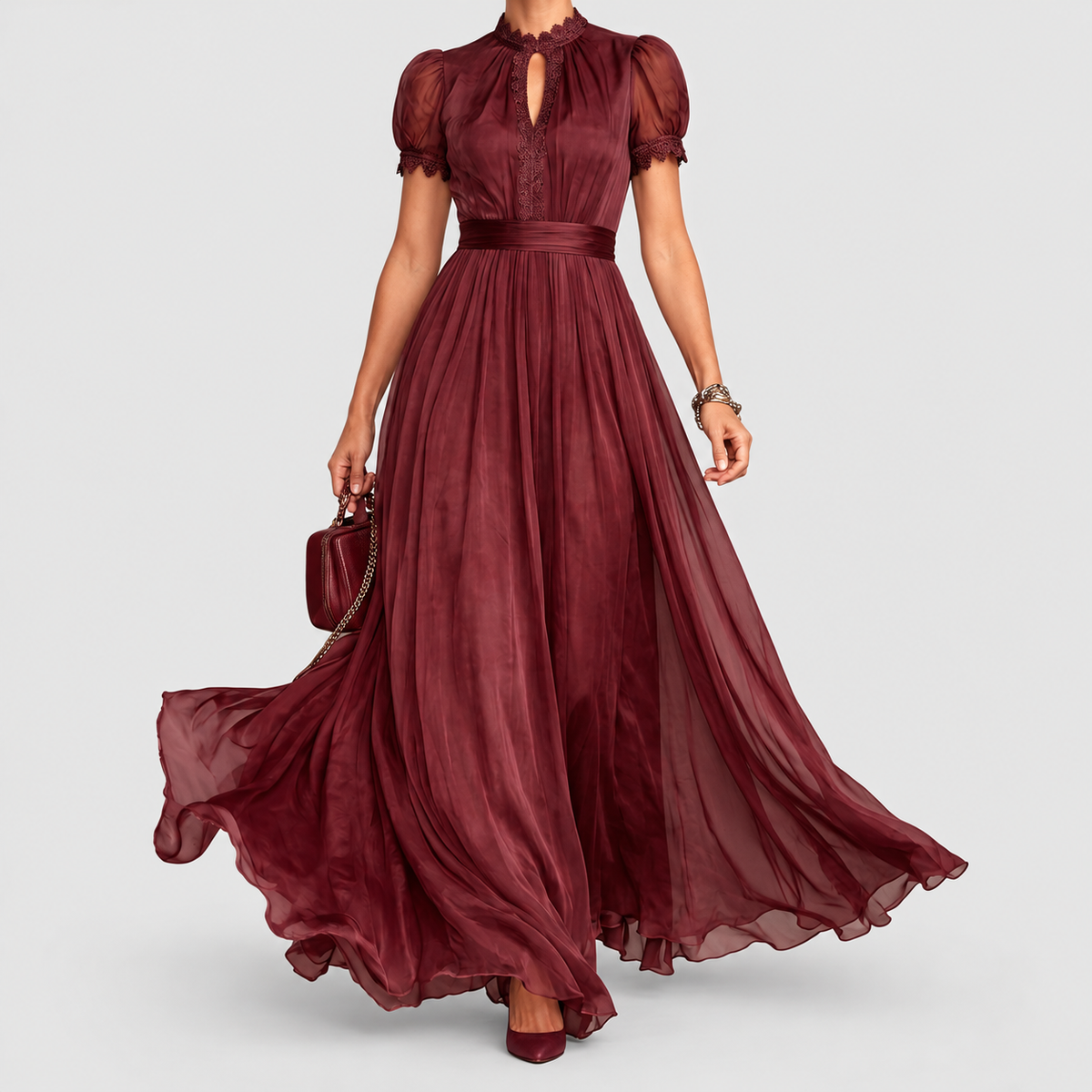 Women's Lace-Trim Pleated Maxi Occasion Dress in Maroon — view 5