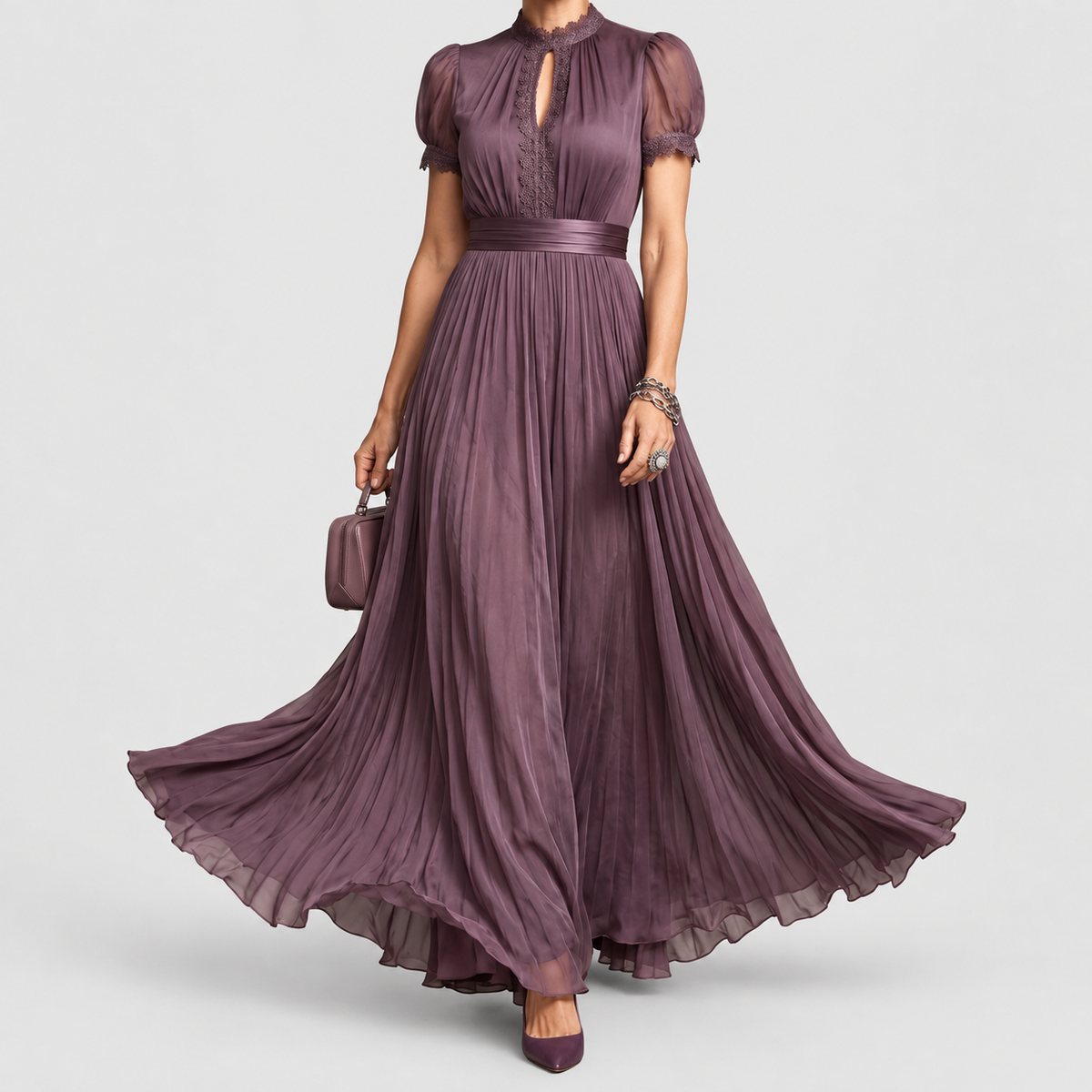 Women's Lace-Trim Pleated Maxi Occasion Dress in Plum — view 6