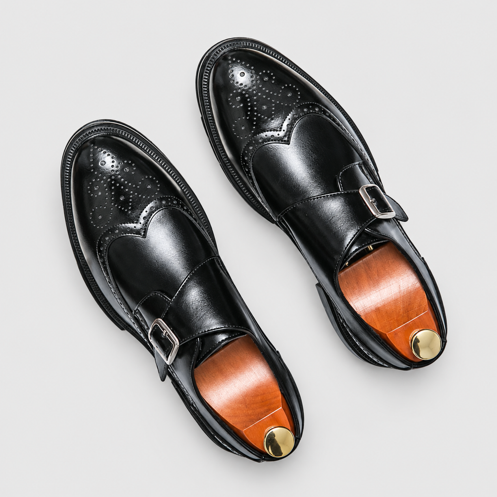 Men's Brogue Monk-Strap Shoes with Single Buckle in Black — view 1