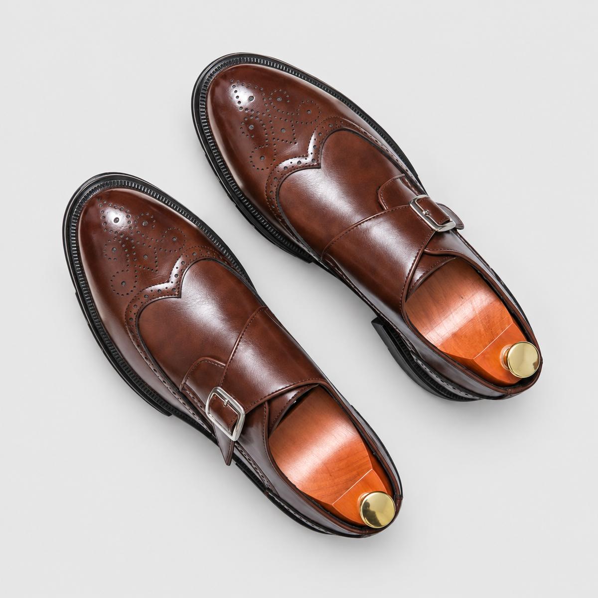Men's Brogue Monk-Strap Shoes with Single Buckle in Brown — view 5