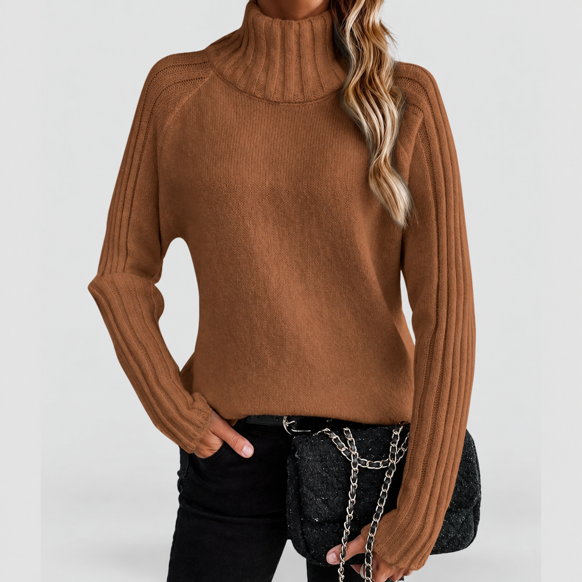 Women's Ribbed-Sleeve Roll-Neck Jumper in Brown — view 2