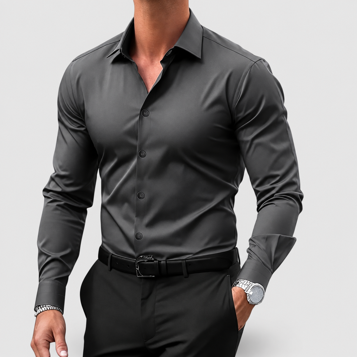 Men's Slim-Fit Long-Sleeve Button-Front Smart Shirt in Dark Grey — view 1