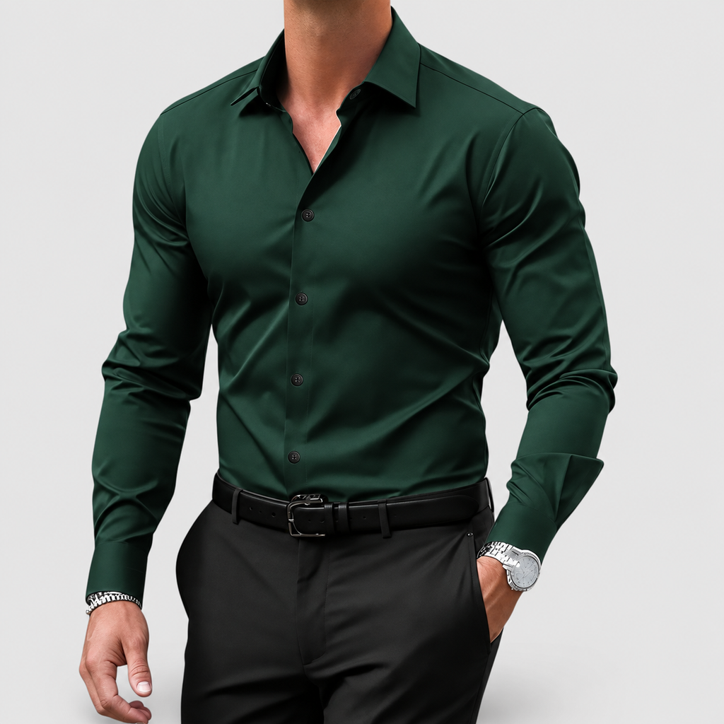 Men's Slim-Fit Long-Sleeve Button-Front Smart Shirt in Dark Green — view 3