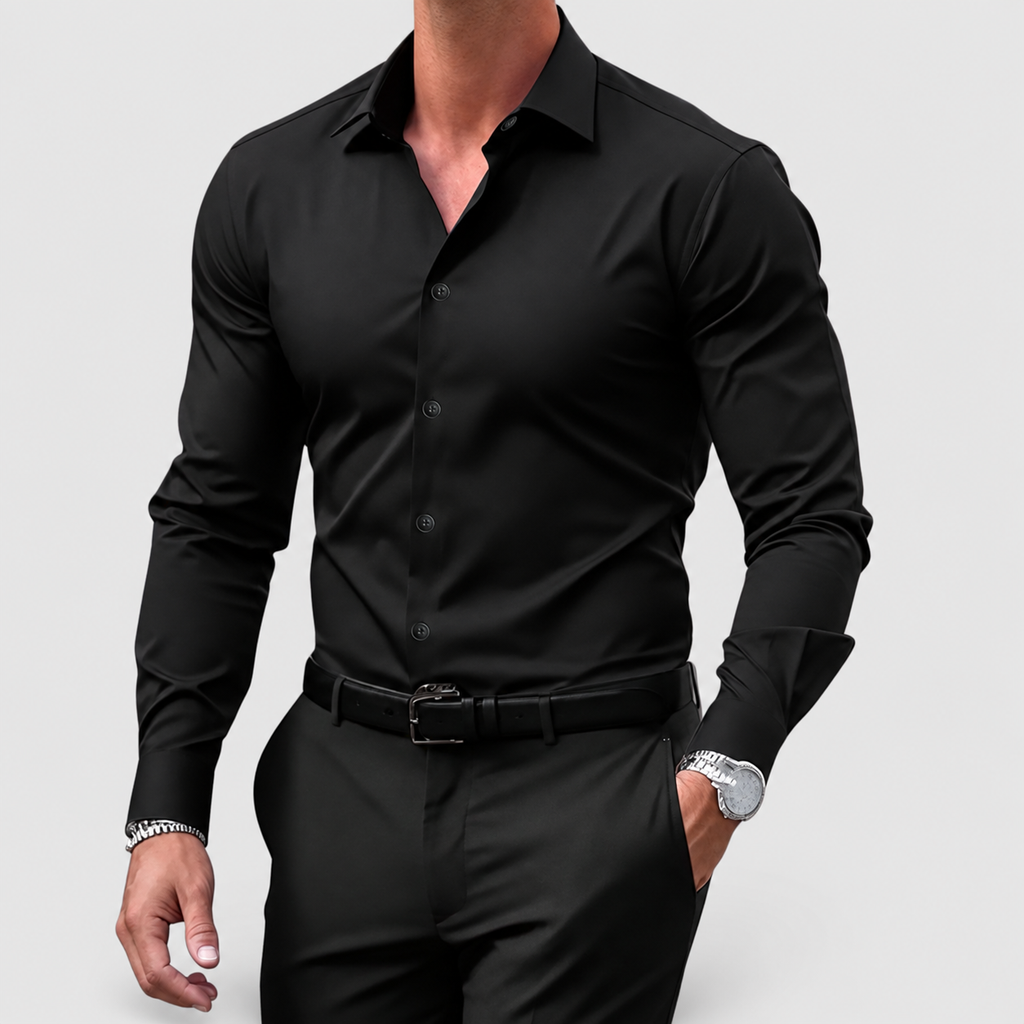 Men's Slim-Fit Long-Sleeve Button-Front Smart Shirt in Black — view 6