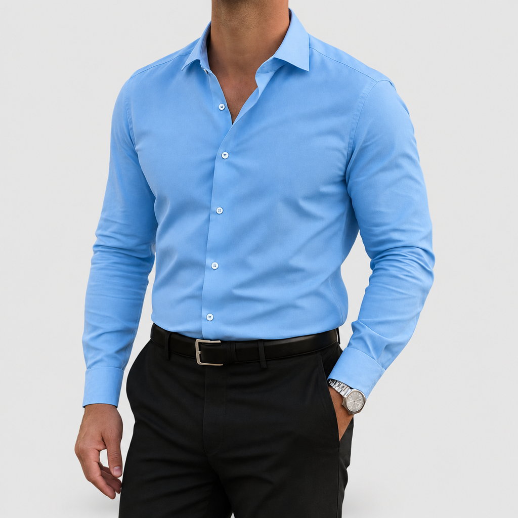 Men's Slim-Fit Long-Sleeve Button-Front Smart Shirt in Light Blue — view 7