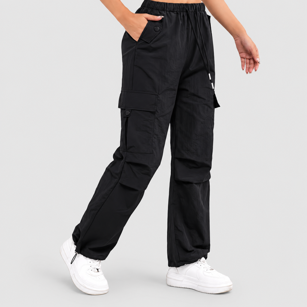 Women's Relaxed Cargo Trousers with Elasticated Waist and Drawstring Hem in Black — view 3