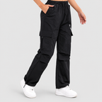 Women's Relaxed Cargo Trousers with Elasticated Waist and Drawstring Hem in Black — view 3