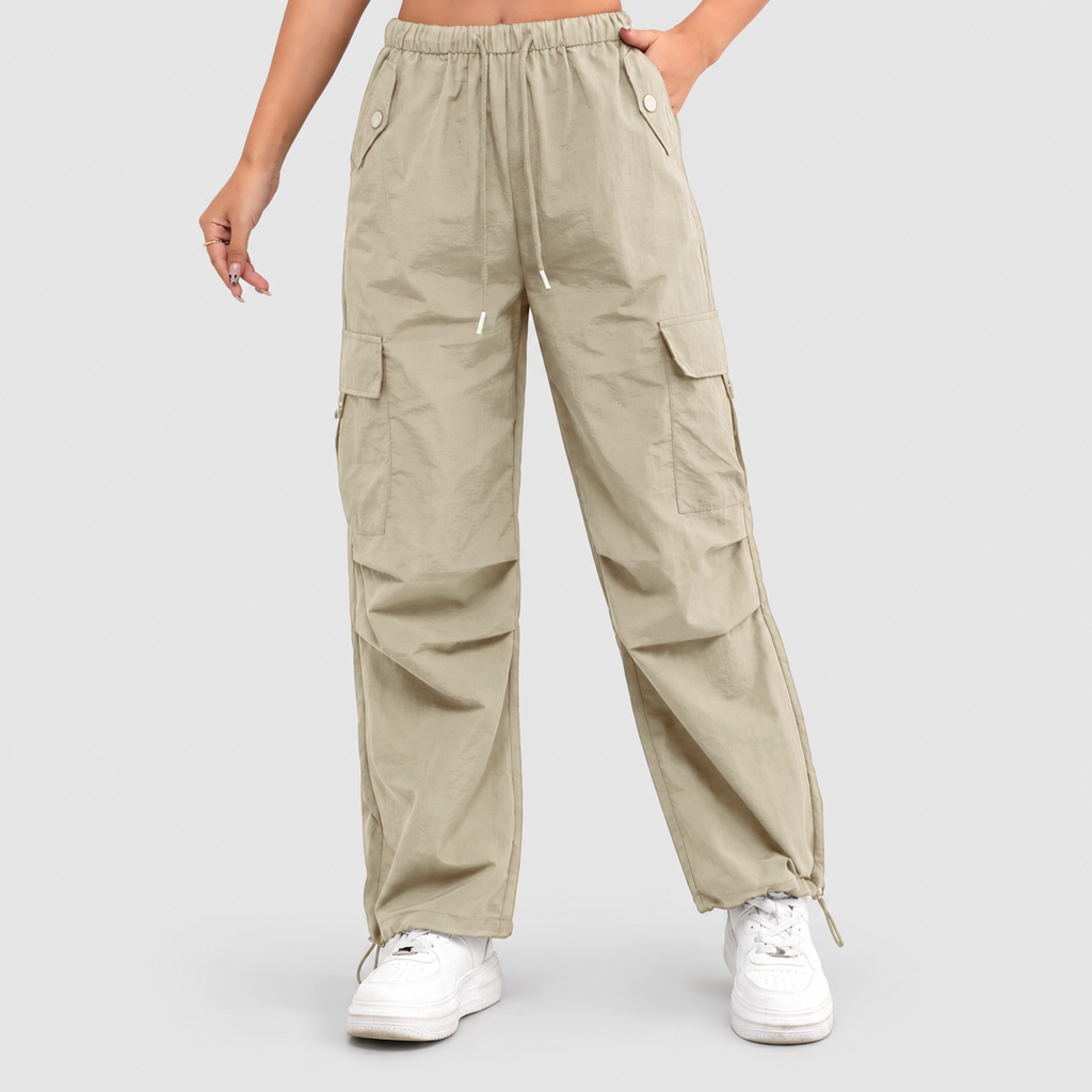 Women's Relaxed Cargo Trousers with Elasticated Waist and Drawstring Hem in Khaki — view 7