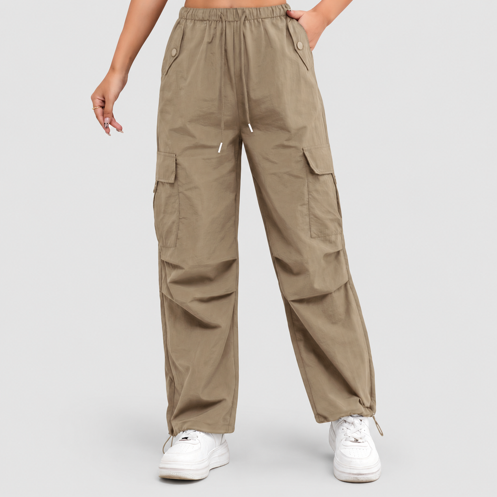 Women's Relaxed Cargo Trousers with Elasticated Waist and Drawstring Hem in Brown — view 9