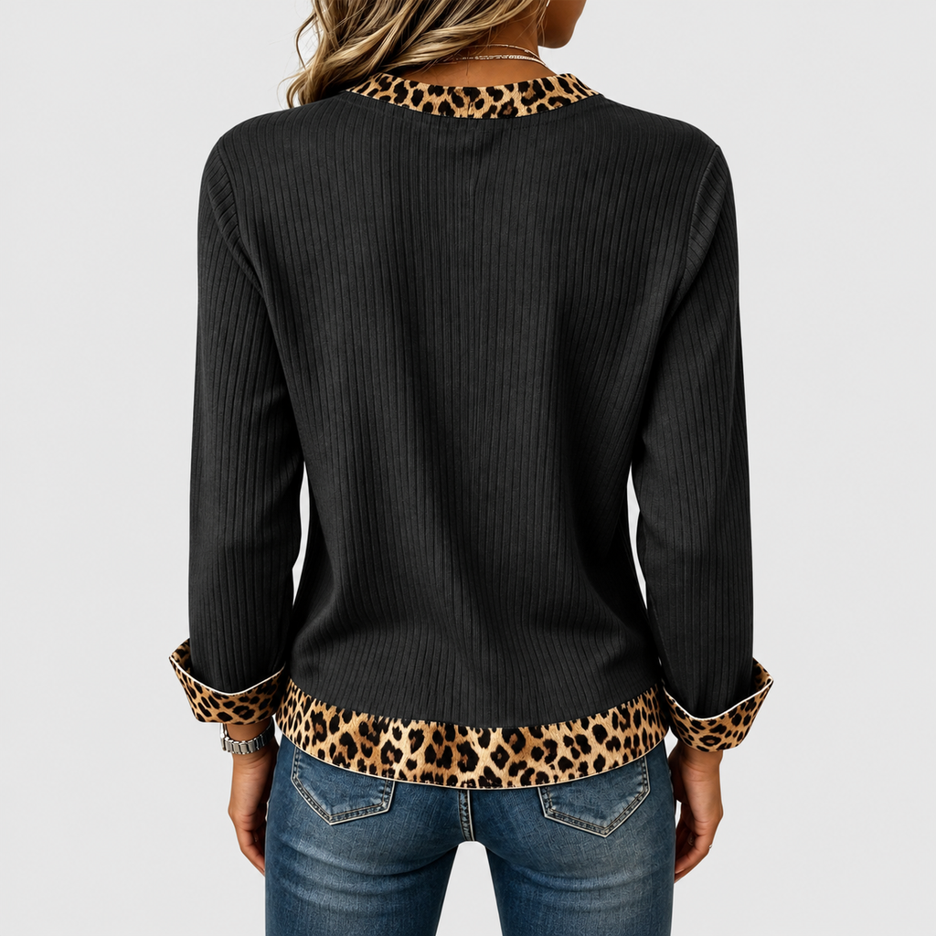 Women's Ribbed V-Neck Top with Animal-Print Trim — view 9