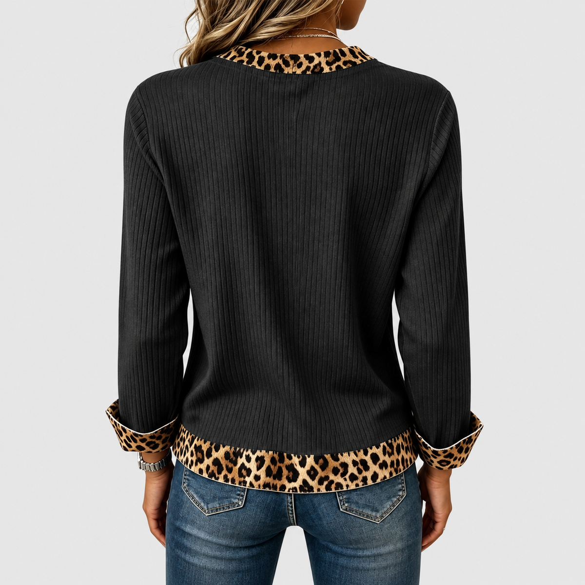 Women's Ribbed V-Neck Top with Animal-Print Trim — view 9