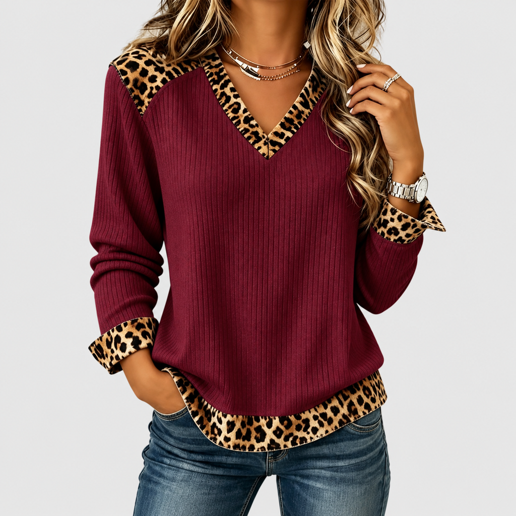 Women's Ribbed V-Neck Top with Animal-Print Trim — view 14