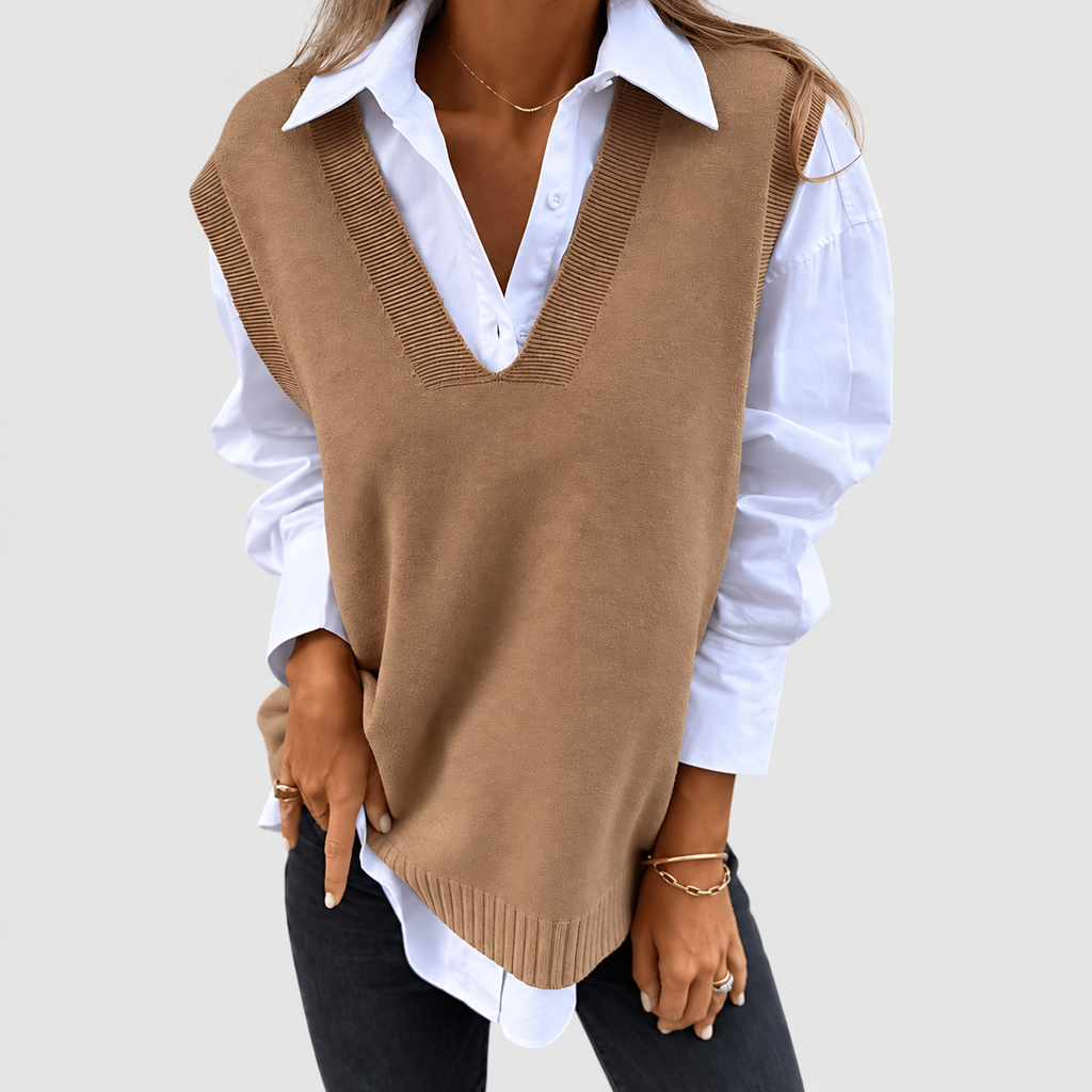 Women's Relaxed Jumper Vest with Deep V-Neck and Ribbed Trim in Brown — view 1