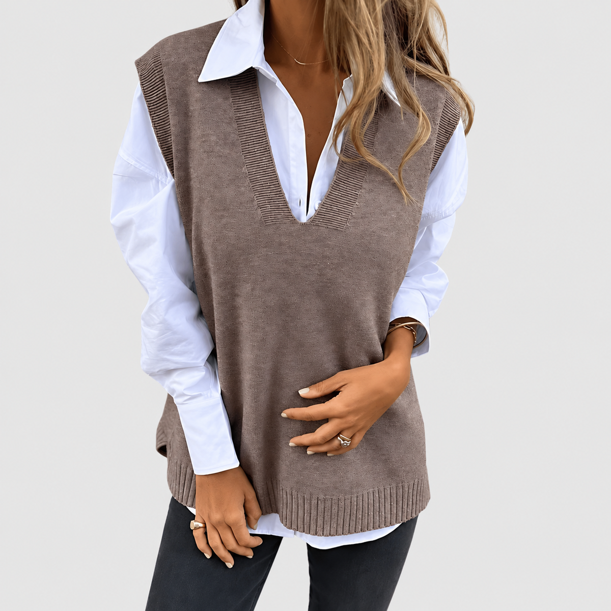 Women's Relaxed Jumper Vest with Deep V-Neck and Ribbed Trim in Grey — view 2