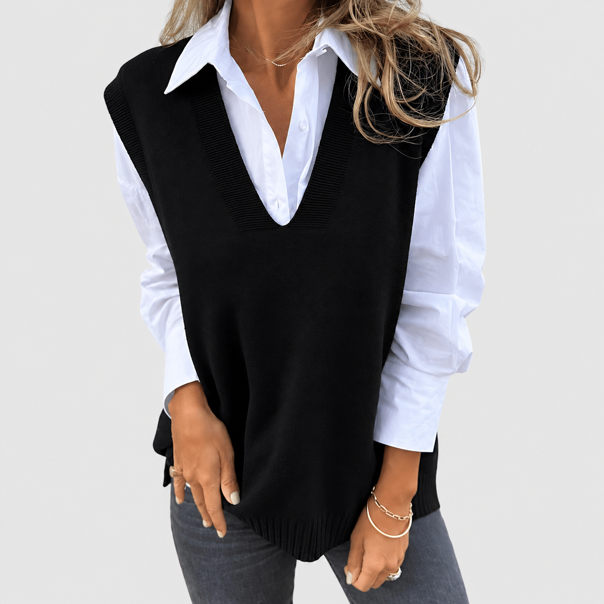Women's Relaxed Jumper Vest with Deep V-Neck and Ribbed Trim in Black — view 4