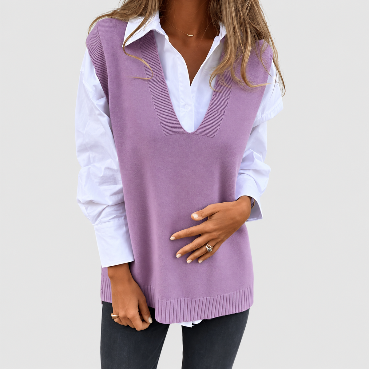 Women's Relaxed Jumper Vest with Deep V-Neck and Ribbed Trim in Purple — view 5