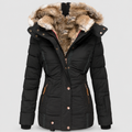 Women's Faux Fur Hooded Puffer Jacket with Detachable Trim in Black — view 1