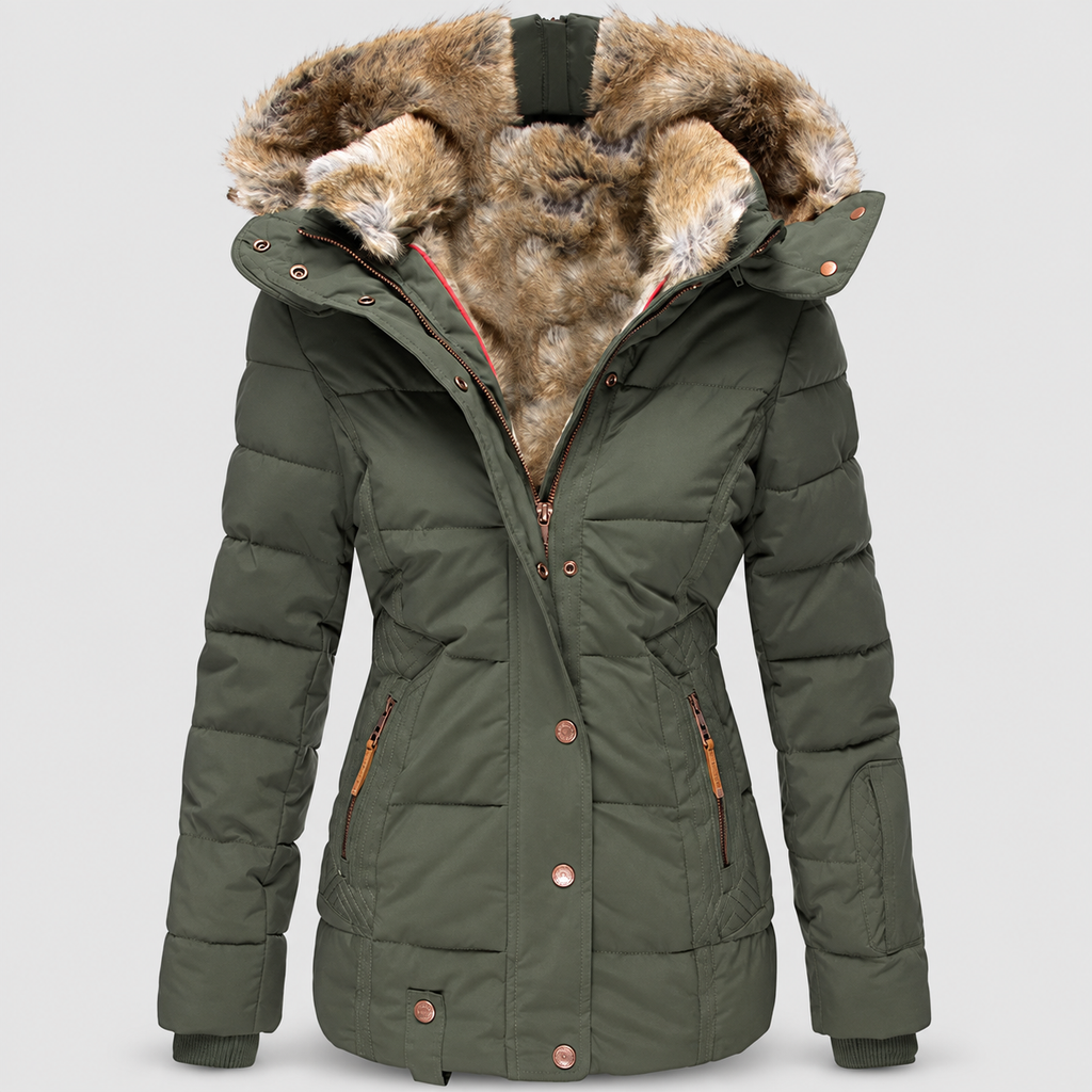 Women's Faux Fur Hooded Puffer Jacket with Detachable Trim in Green — view 2