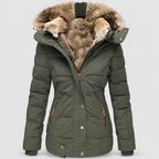 Women's Faux Fur Hooded Puffer Jacket with Detachable Trim in Green — view 2