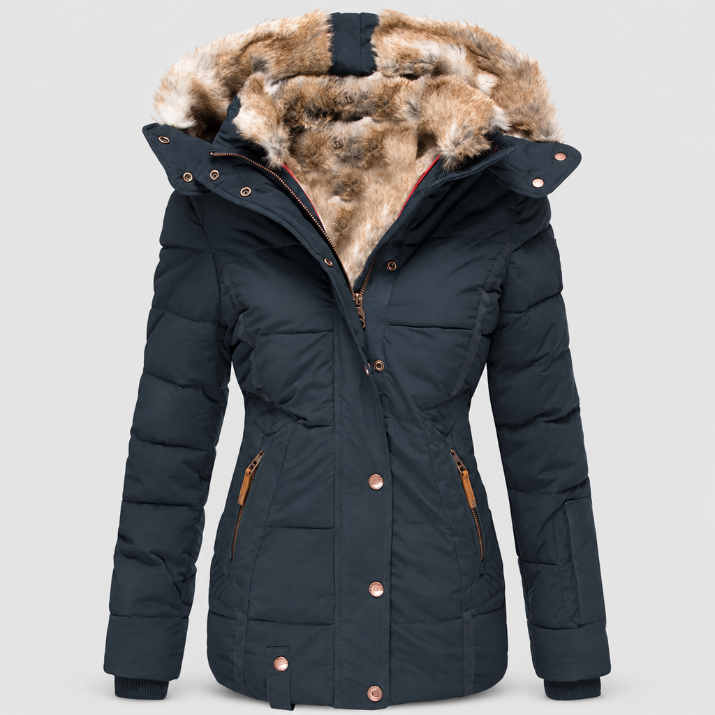 Women's Faux Fur Hooded Puffer Jacket with Detachable Trim in Blue — view 3