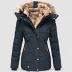 Women's Faux Fur Hooded Puffer Jacket with Detachable Trim in Blue — view 3